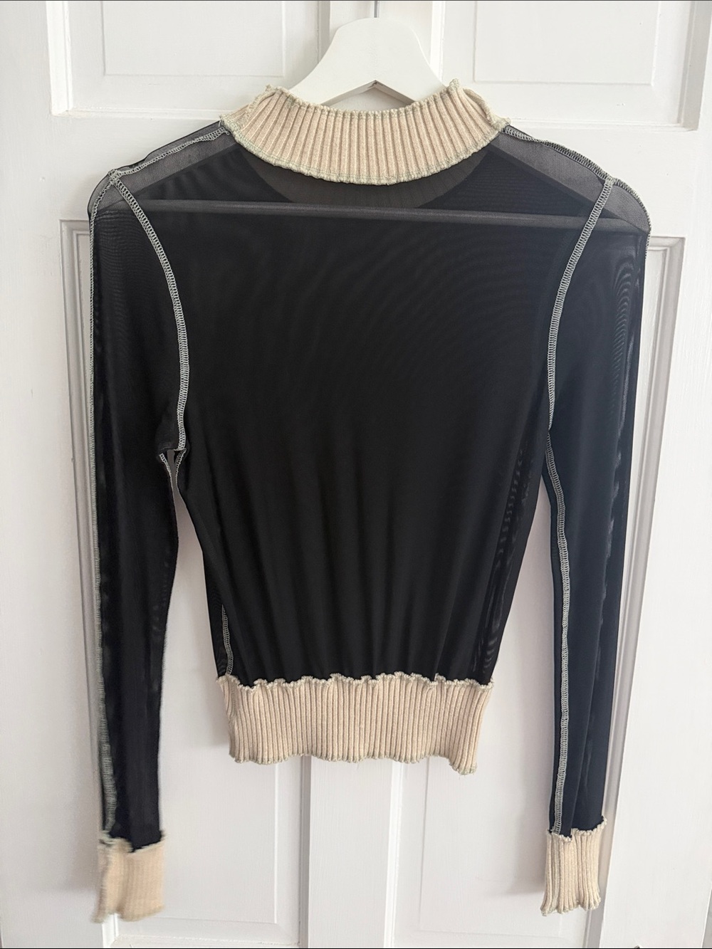 Gilded Intent Black Mesh Long-Sleeve Top with Cream Ribbed Trim - Picture 3 of 3